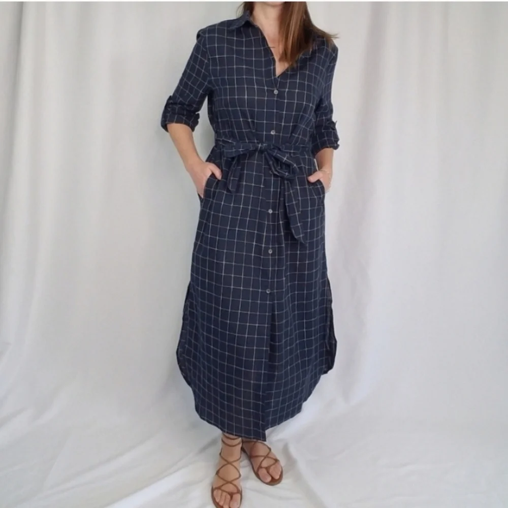 Dress Forum Navy Blue and White Windowpane Midi Shirt Dress Size Small - Picture 2 of 5